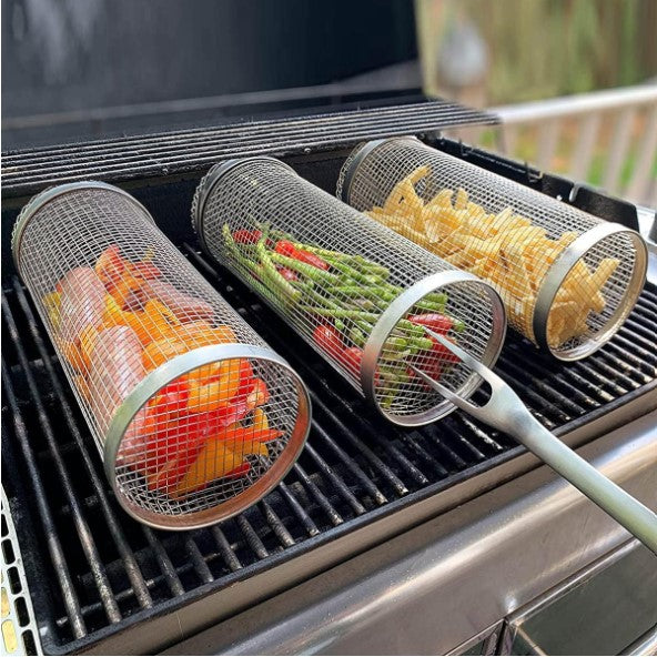 Rolling Grill Basket, Stainless Steel BBQ Grill Basket, Non-Stick Fish Vegetable Grill Basket, BBQ Accessories for Outdoor Picnic Campfire Camping, 1 Piece (20 cm)