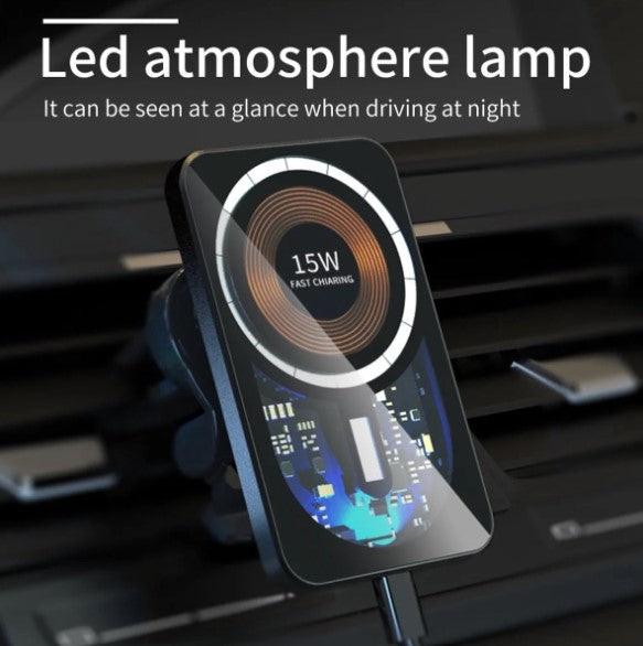 Car phone holder - Car phone mount - Car charger suitable for Apple iPhone 15/14/13/12/ Mini / Pro / Pro Max MagSafe - Wireless charger with magnet for car and LED night light - Black - Magnetic vent mount - Car charger holder