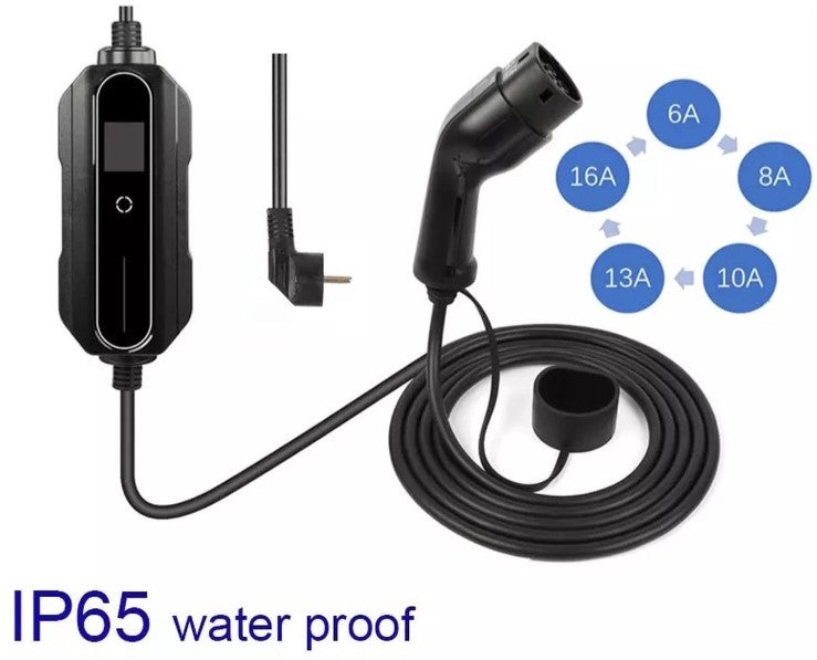 Mobiele Thuislader | IP65 Waterdicht | Type 2 vanaf stopcontact EU | 8A/10A/13A/16A | 1 Fase | 5 meter