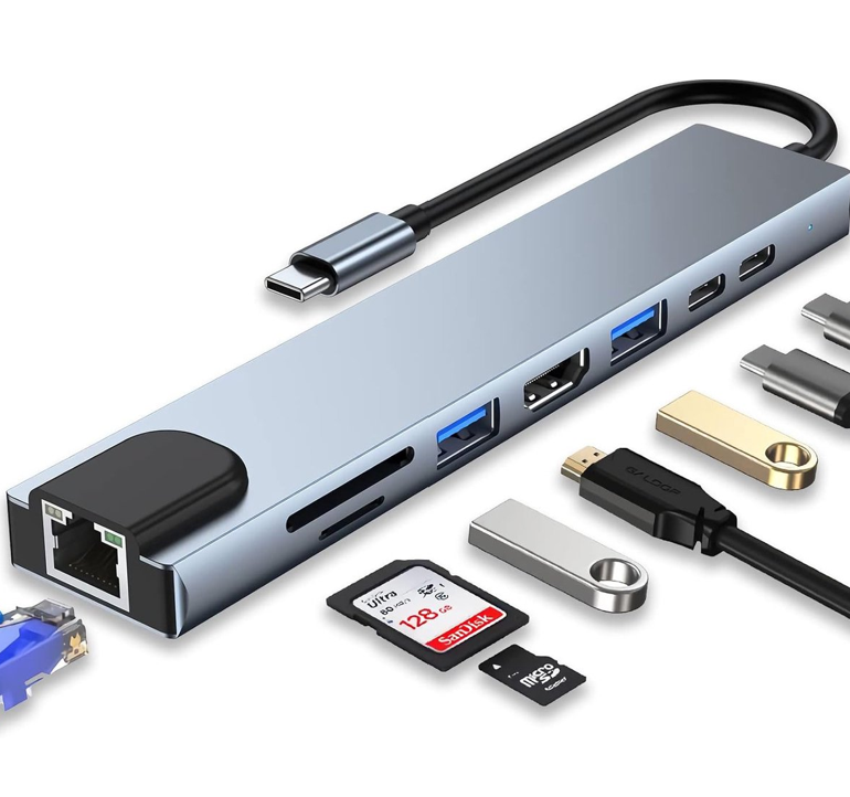 8-in-1 USB C Adapter met 4K HDMI, 100W PD, USB C-poort, USB 3.0, RJ45 Ethernet, SD/TF-Kaartlezer