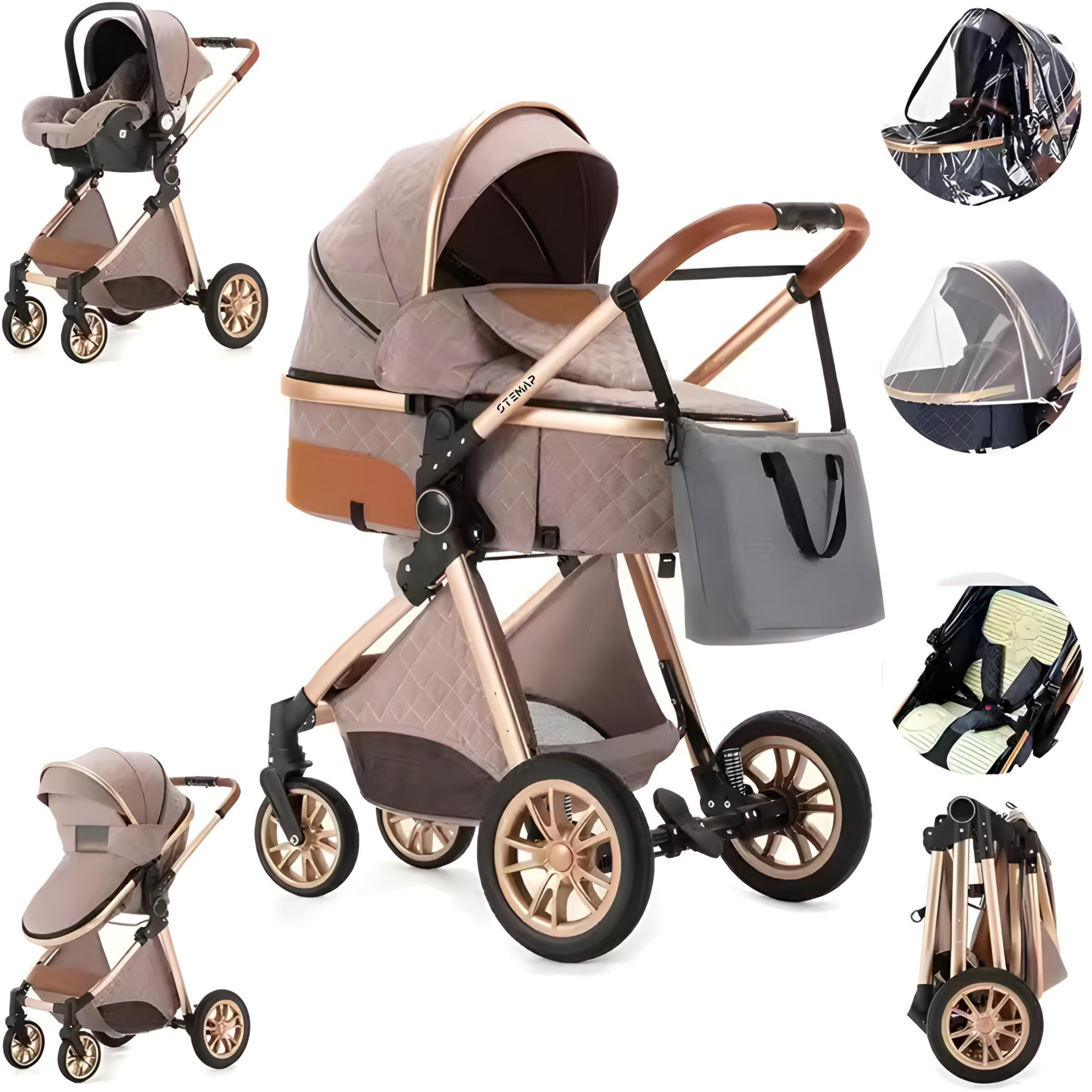Luxe Multifunctionele 3-in-1 Combi Kinderwagen Khaki Incl. Autostoel